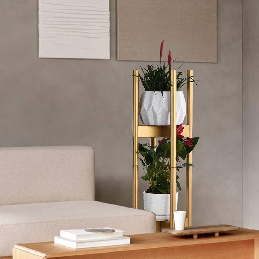 KESAIH Plant Stand Pack of 2, Stackable&Adjustable Plant Stands Indoor, 2 Tier Indoor Plant Stand Tall 30'' (Gold)