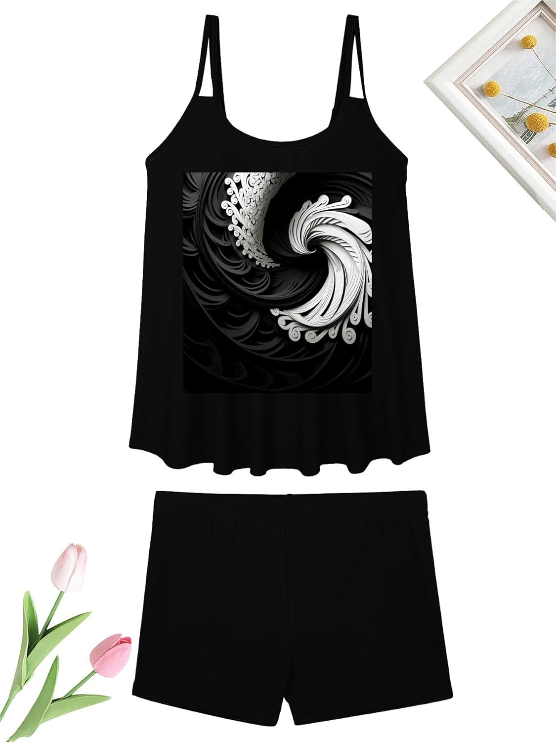 Black and White Image Tankini Swimsuits for Women Tummy Control Two Piece Bathing Suits Swim Tops with Boy Shorts