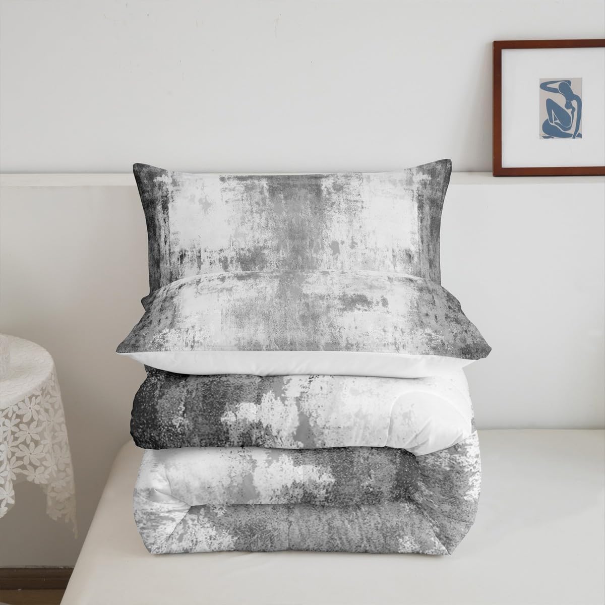 Erosebridal Oil Painting Bedding Set Queen Size Gradient Drawing Duvet Quilt for Kids Boys Men Tie-Dye Abstract Retro Room Decor Grunge Grey White Comforter Luxury Comfy Comforter Set