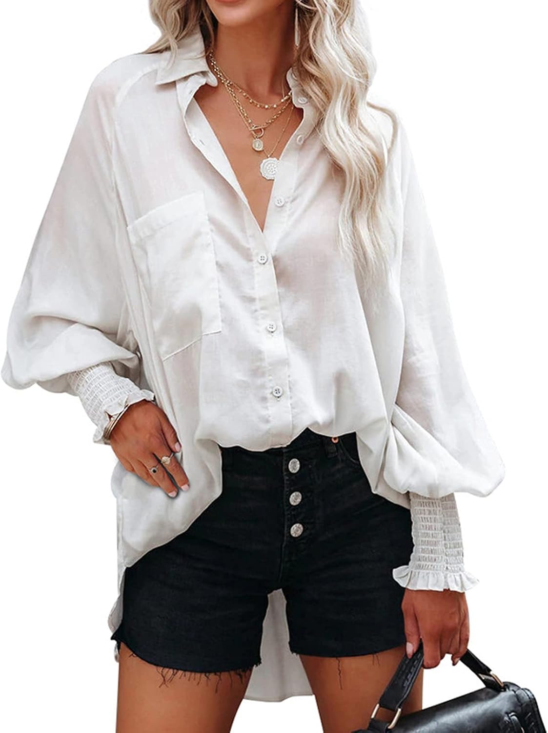 Women Button Down Shirts Solid Color Smocked Cuff Long Sleeve Loose Casual Blouses  Tops at Amazon Women's Clothing store