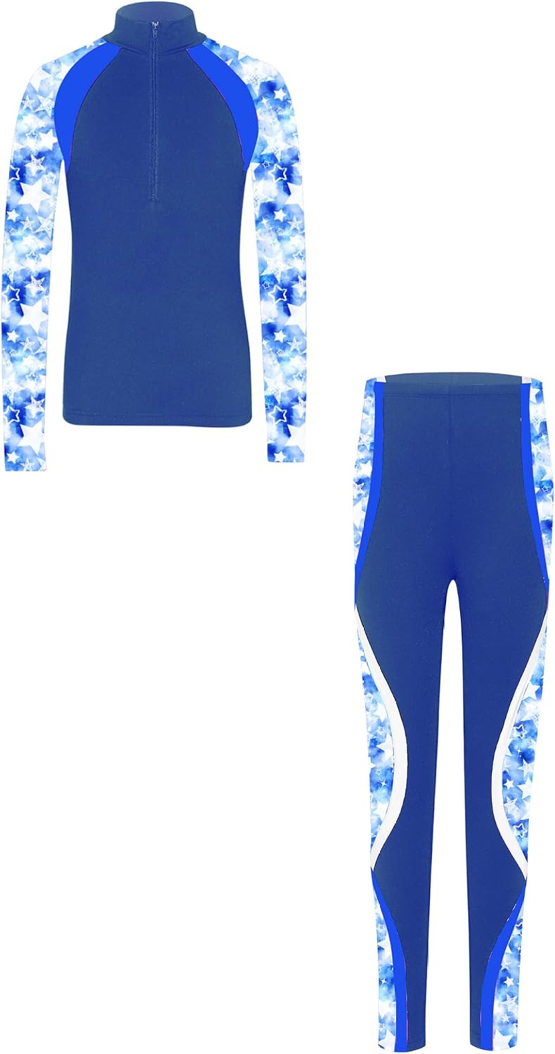 Girls Kids Skating Competition Suit Fleece Figure Skating Outwear Top Tights Training Jackets Pants Set