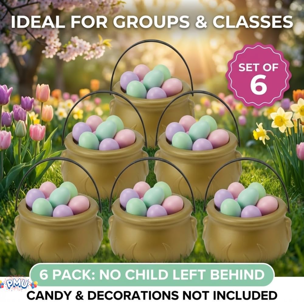 PMU 6 Pcs 6" Cauldron Easter Basket Gold Plastic Cauldron Easter Decoration for Home and Party Decoration