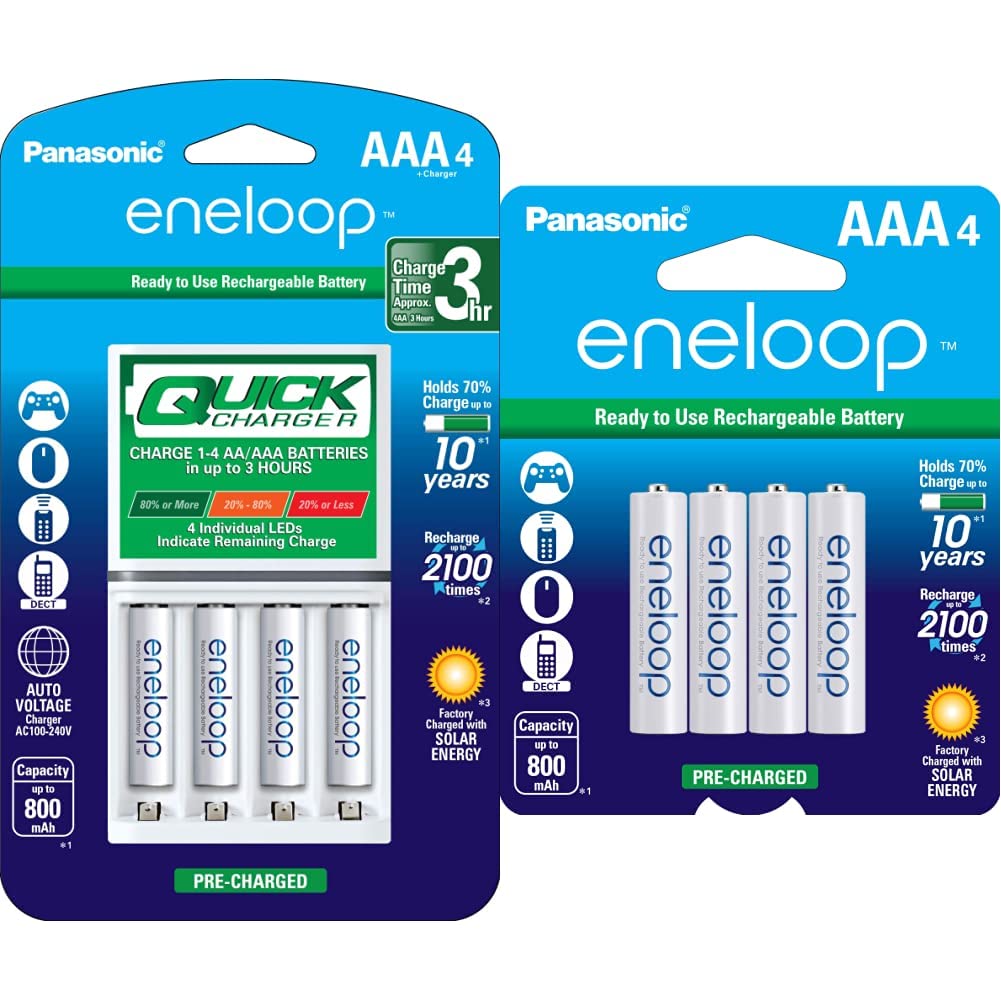 eneloop Panasonic K-KJ55M3A4BA Advanced Individual Battery 3 Hour Quick Charger &amp; BK-4MCCA4BA AAA 2100 Cycle Ni-MH Pre-Charged Rechargeable Batteries, 4-Battery Pack