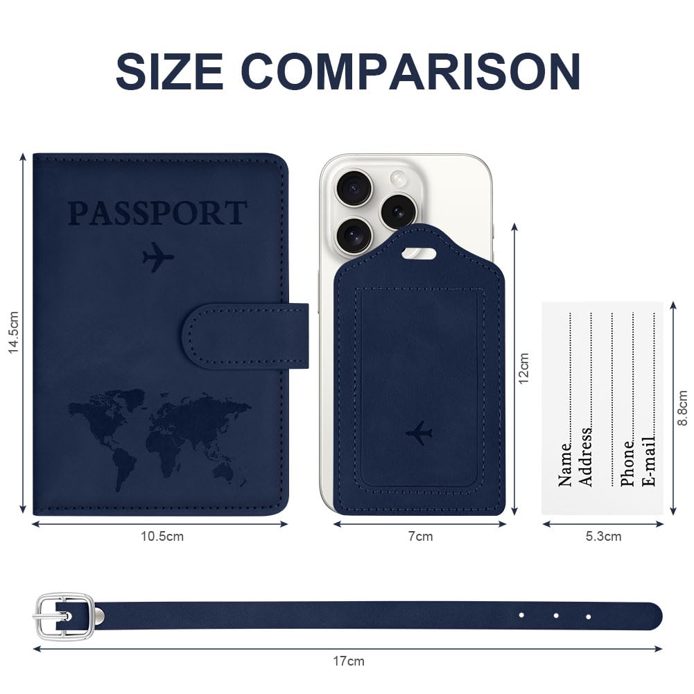 OFFCUP Funda Pasaporte, Porta Pasaporte con Bloqueo RFID, Cuero de PU Porta Documentos Viaje con Identificador De Maletas para Pasaportes Tarjetas Crédito Funda Tarjeta Identific (Azul Oscuro) - 3