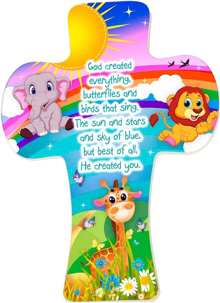 5 1/2" Children's Wall Cross With Rainbow Animals In Clear