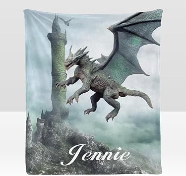 Custom Blanket with Name Text,Personalized Dragon and Castle Super Soft Fleece Throw Blanket for Couch Sofa Bed 50 X 60 inches