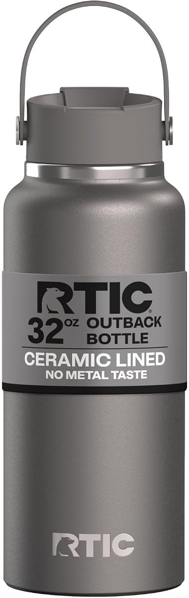Botella de agua Outback de 32 oz, forrada de cerámica, grafito | Aislado, de acero inoxidable, para bebidas frías y calientes, café, automóvil, camping, correr, deportes y viajes, a prueba de fugas
