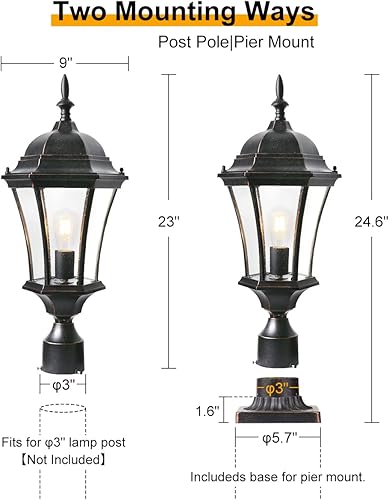 Miniatura 6 de Luz de poste grande para exteriores de 24 pulgadas con montaje en muelle de 3 pulgadas, bronce fundido de aluminio fundido para poste de jardín, con