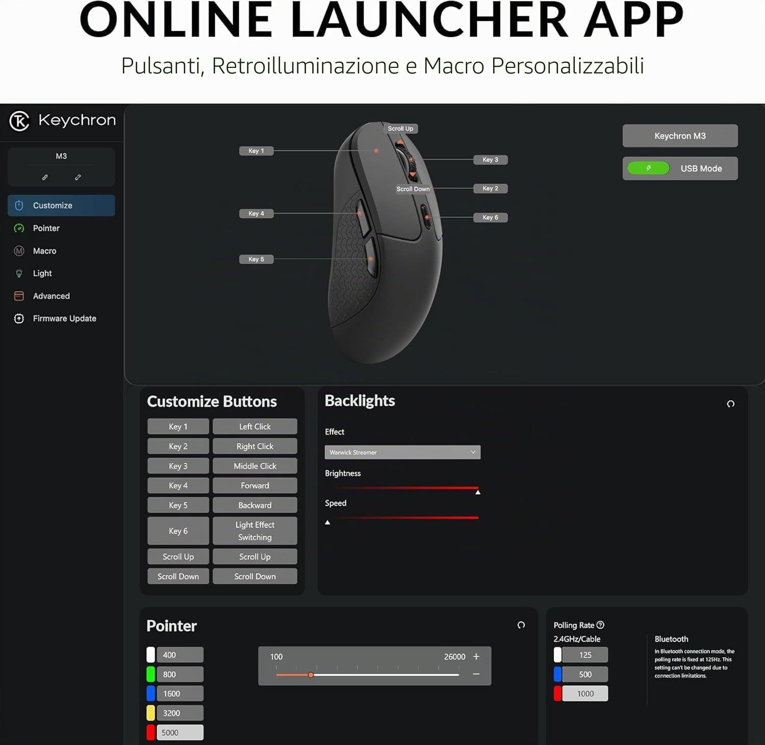 Keychron M3 Mouse Gaming Wireless 1000 Hz Polling Rate – Sensore PixArt fino a 26.000 DPI, Tri-Mode (2.4G/Bluetooth/USB-C), Ultra-Leggero, Tasti Programmabili, Bianco