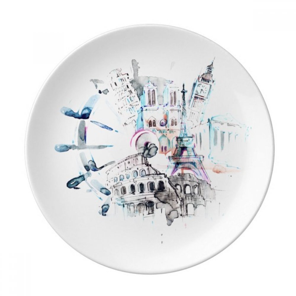 Assiette porcelaine Globe Big Ben Tour Eiffel aquarelle pour déco et dessert 21cm