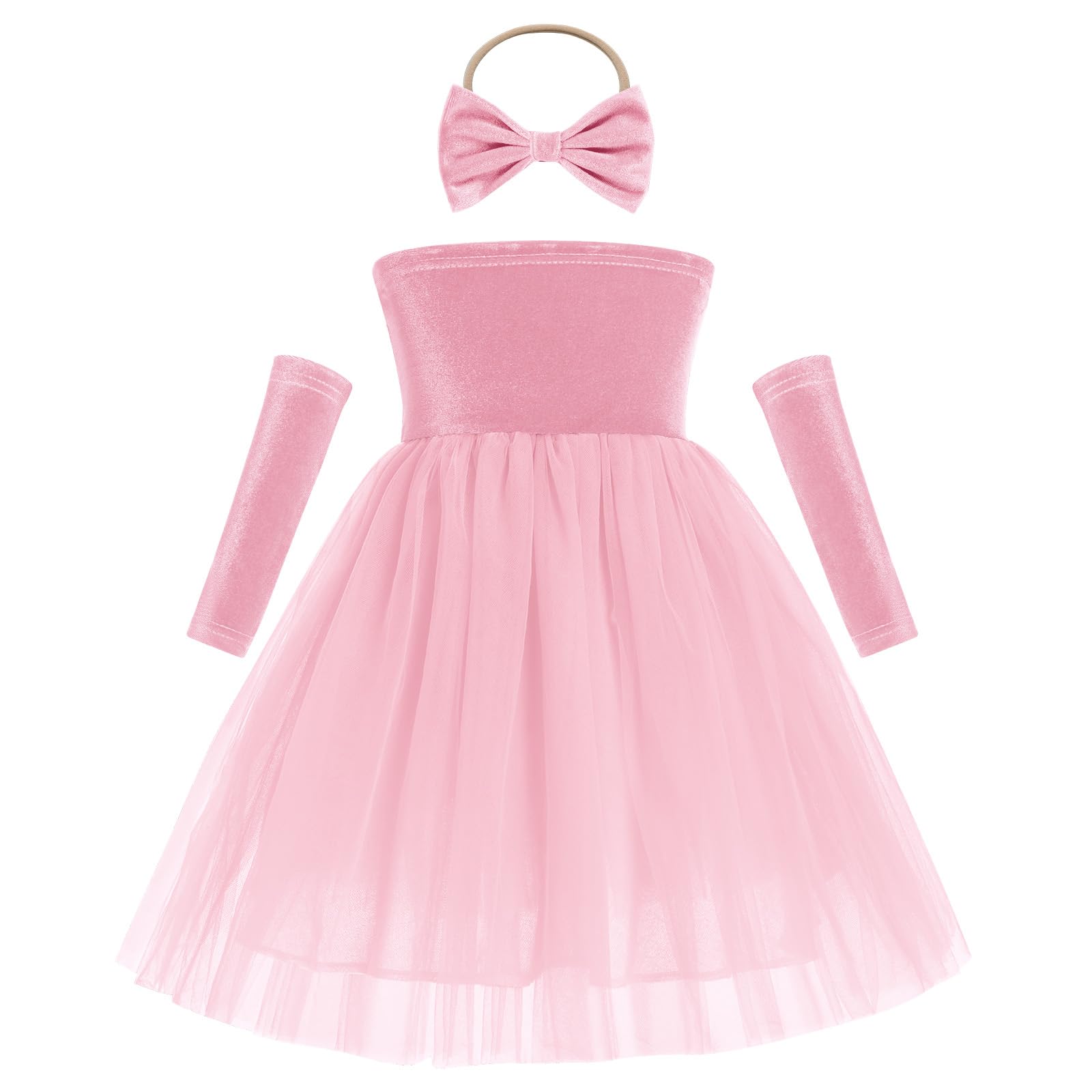 Toddler Baby Girls Velvet Christmas Dress Sleeveless Strapless Mesh Ruffle Dress Tube Fancy Party Twirl Dresses Fall Winter Outfits + Headband + Armbands Pink Velvet Baby Dress Tutu Pink 12-18 Months