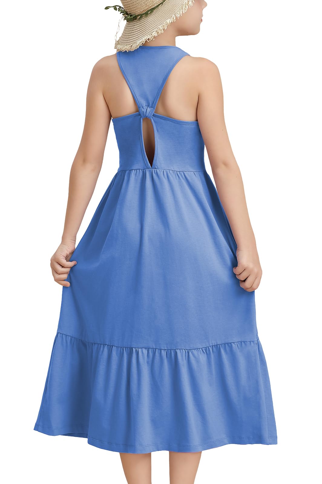 tiny sugar Girls Summer Maxi Dress Sleeveless Back Detailed Tiered Sundress with Pockets 5-12 Years