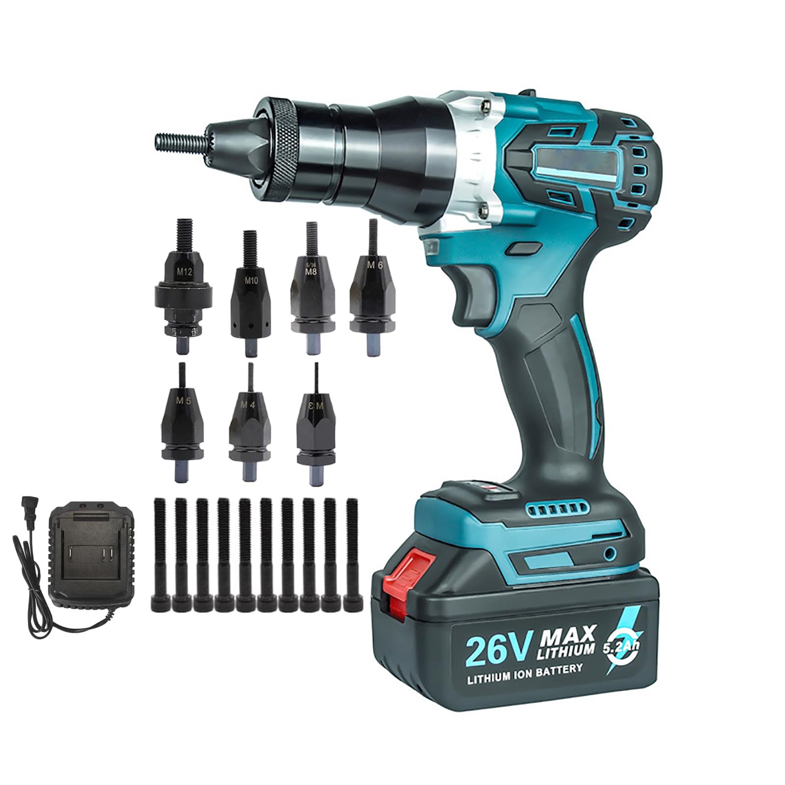 Remachadora eléctrica con batería, remachadora automática con 2 baterías de 50000 mAh, juego de pistola de remachado automático con piezas nasales para M3 M4 M5 M6 M8 M10 M12