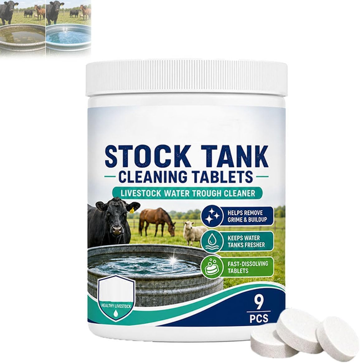 Fast-Dissolving Livestock Water Tank Cleaning Tablets, 9PCS (1PC)