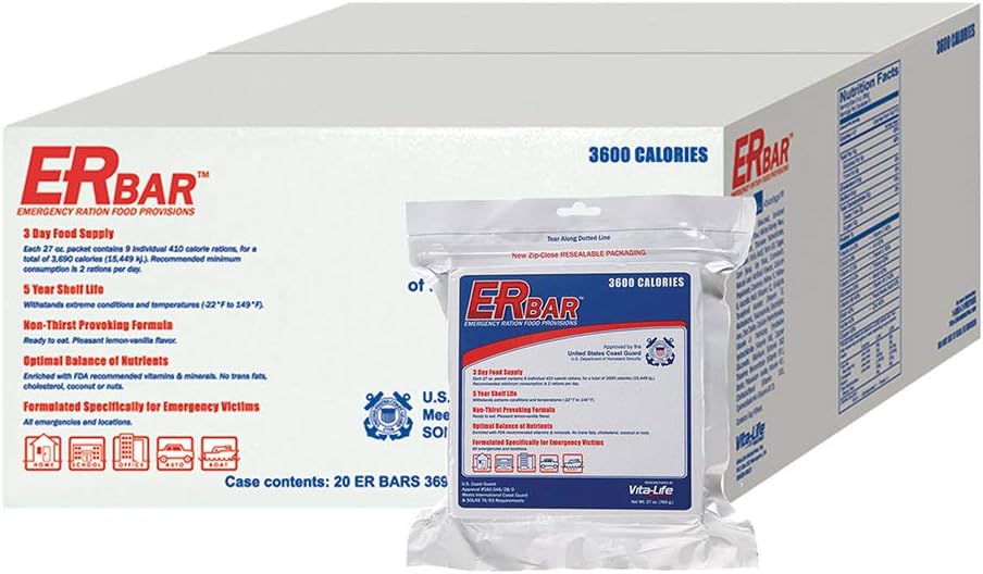 ER Emergency Ration 3600 Calorie Food Bar for Survival Kits and Disaster Preparedness, Case of 20, 1BC