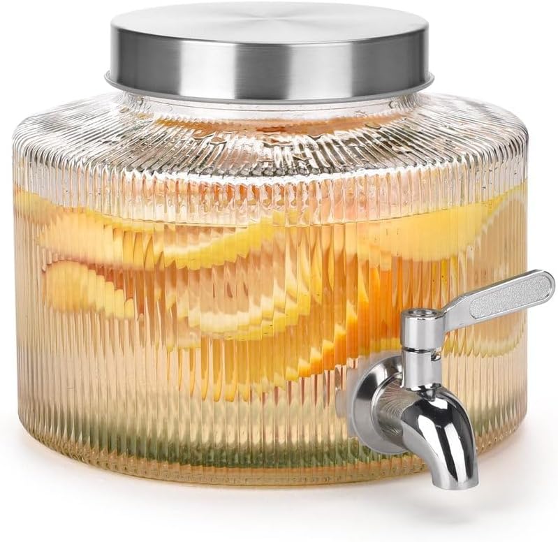 Drink Dispenser for Fridge, Glass Drink Dispenser with 100% Leakproof Stainless Steel Spigot, Ideal for Water, Lemonade, Juice, Sangria, Iced Tea