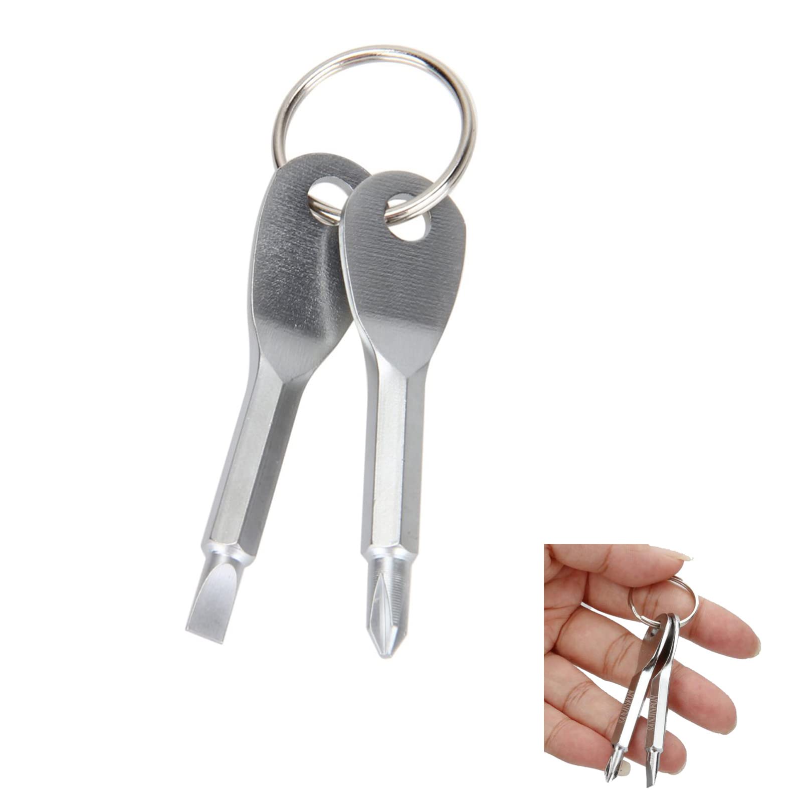 TERRIFI Screwdriver Keychain, Portable Multifunction Chain With Mini Shape Travel Kits, Pocket Outdoor EDC Tool With Ring, Silver