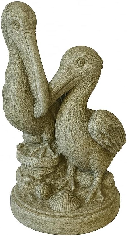 Solid Rock Stoneworks Pecking Pelican Pair Statue – 19" Tall – Concrete Garden Decor with Sea Foam Stain – Coastal Outdoor Yard Ornament