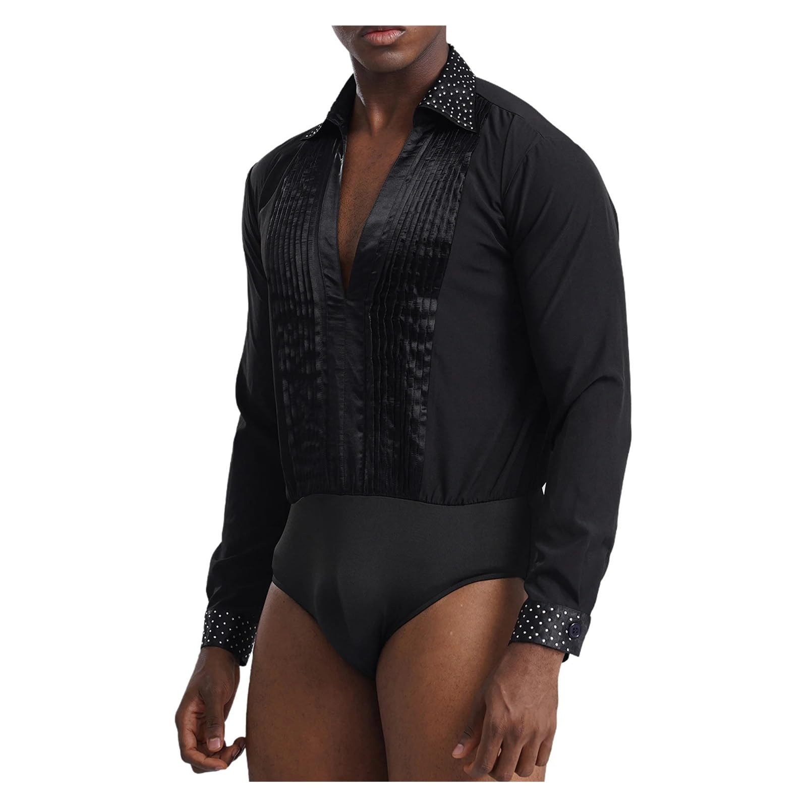 Camicia da Ballo Latino Costume da competizione di danza latina uomo con strass scintillanti, body ballo, abbigliamento sala, scollo a V, manica lunga, plissettato Per la danza