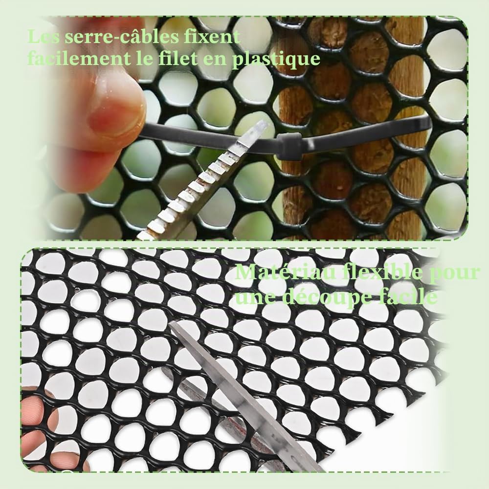 Clôture en Maille Plastique Noir, 6 m x 40 cm Grillage Plastique Petite Maille Filet de Clôture en Hexagonal Protection Balcon Chat avec 60 Serre-Câbles pour Poulailler, Chat, Balcon