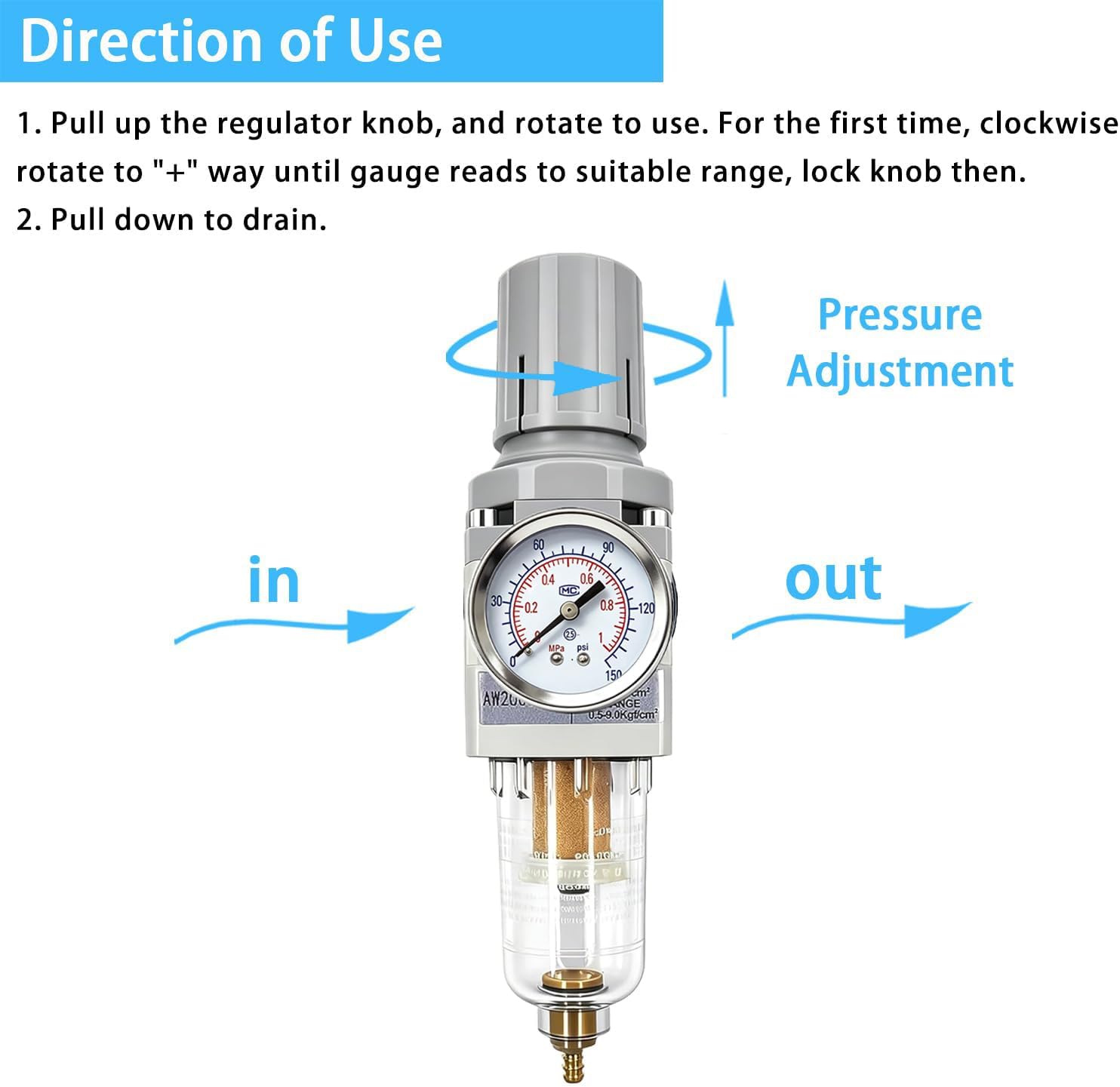 XingNEeng 1/4" NPT Compressed Air Filter Regulator Combo Piggyback, Water/Oil Trap Separator with Pressure Gauge(0-150 psi), Semi-Auto Drain, Poly Bowl, 5 Micron Brass Element, Metal Bracket