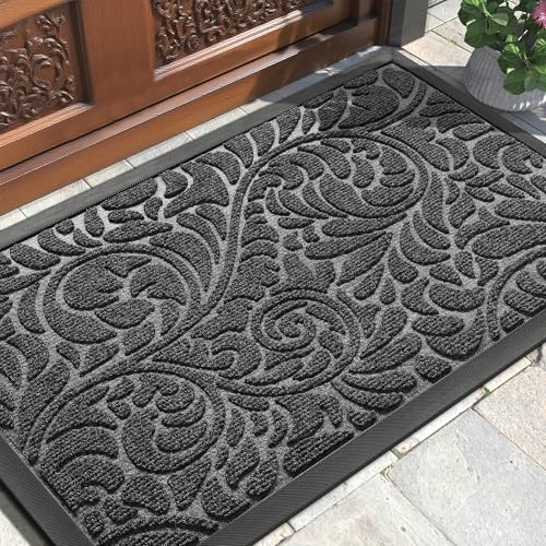 Yimobra Front Door Mat Outside Entrance, Waterproof Sturdy Retro Outdoor Mat, Heavy Duty Non-Slip Doormat for Garage Patio Entryway Indoor, Easy Clean, 29.5x17, Grey