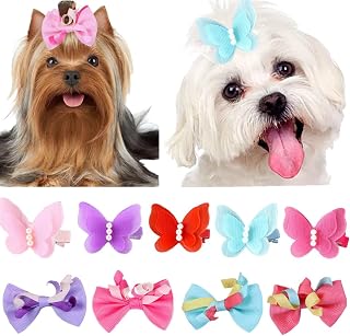 10pcs Cute Handmade Dog Hair Clips with Bows | Non-Slip Chiffon Butterfly Barrettes for Puppy Daily Use, Cats Pets Grooming Party Accessories