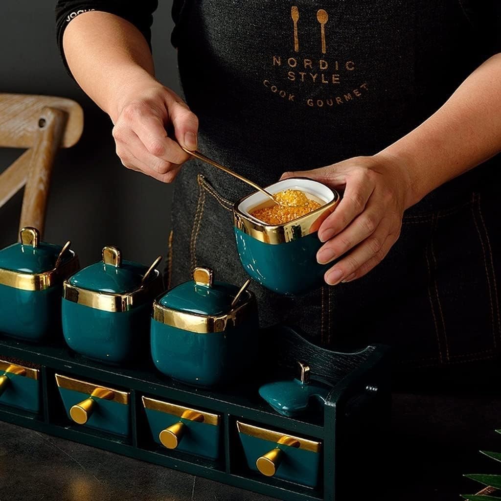 Pots à Épices Assaisonnement Box Set Ensemble De Récipients À Condiments En Céramique Avec Support En Bois, Ensemble De Sucriers, Pots D'assaisonnement Avec Couvercle Et Cuillère Pour La Cuisine Domes