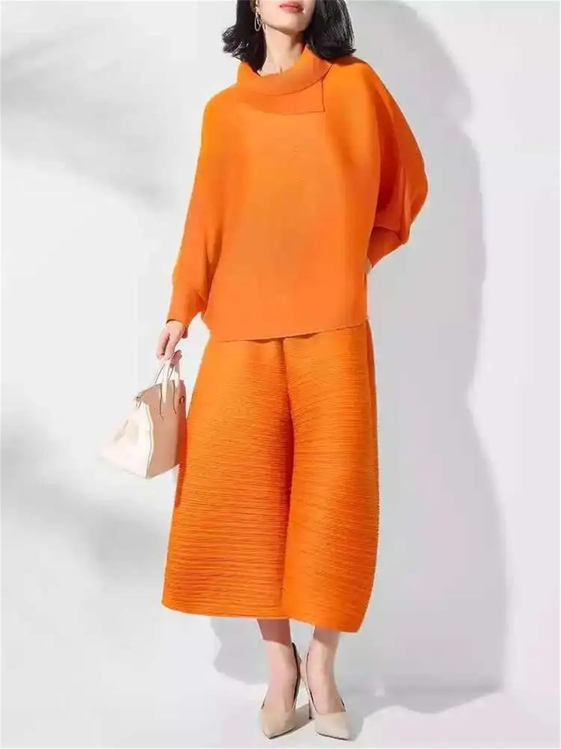 Women's Elegant Pleated Pants Set - Lapel Batwing Sleeve Blouse & Loose Solid Trousers - Casual