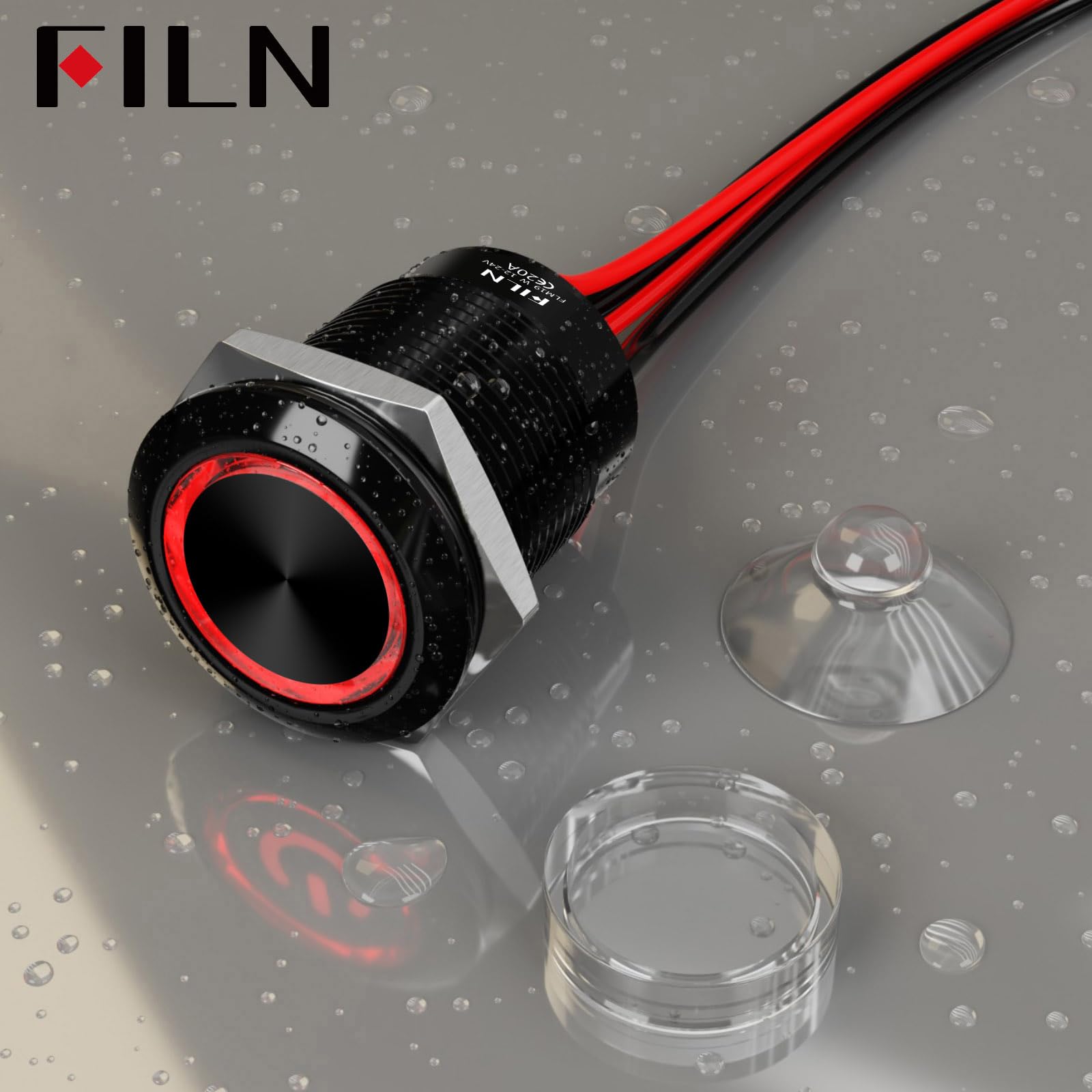 2Stück 19mm LED Schalter vorgegattert mit Kabel，12-24V DC IP67 Ein/Aus Schalter mit 185 Symbolen，für Beleuchtung, Stromversorgung & Industrieanlagen（Rot LED，1CH）