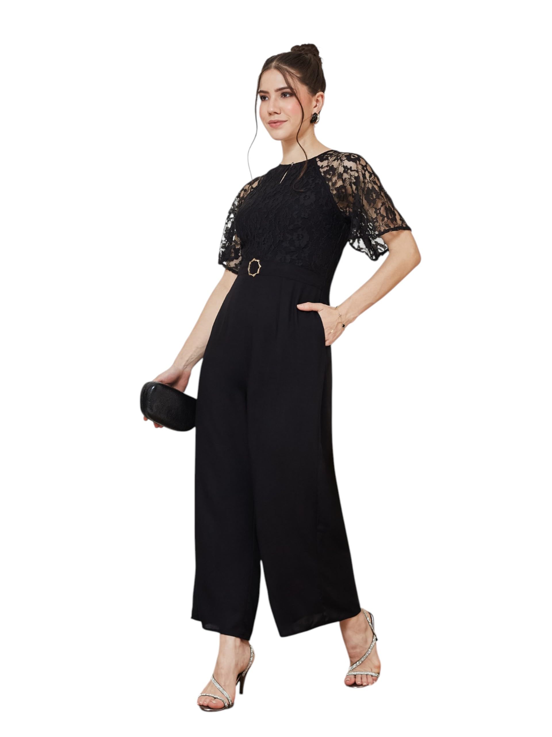 miss chase Women's Black Round Neck Flared Sleeve Floral Raglan Regular Jumpsuit-picture-50