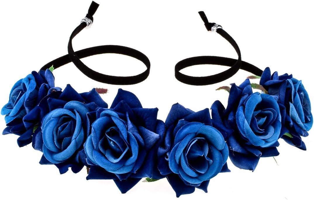 Floral Fall Rose Red Rose Flower Crown Woodland Hair Wreath Festival Headband F-67 (Vintage Blue)