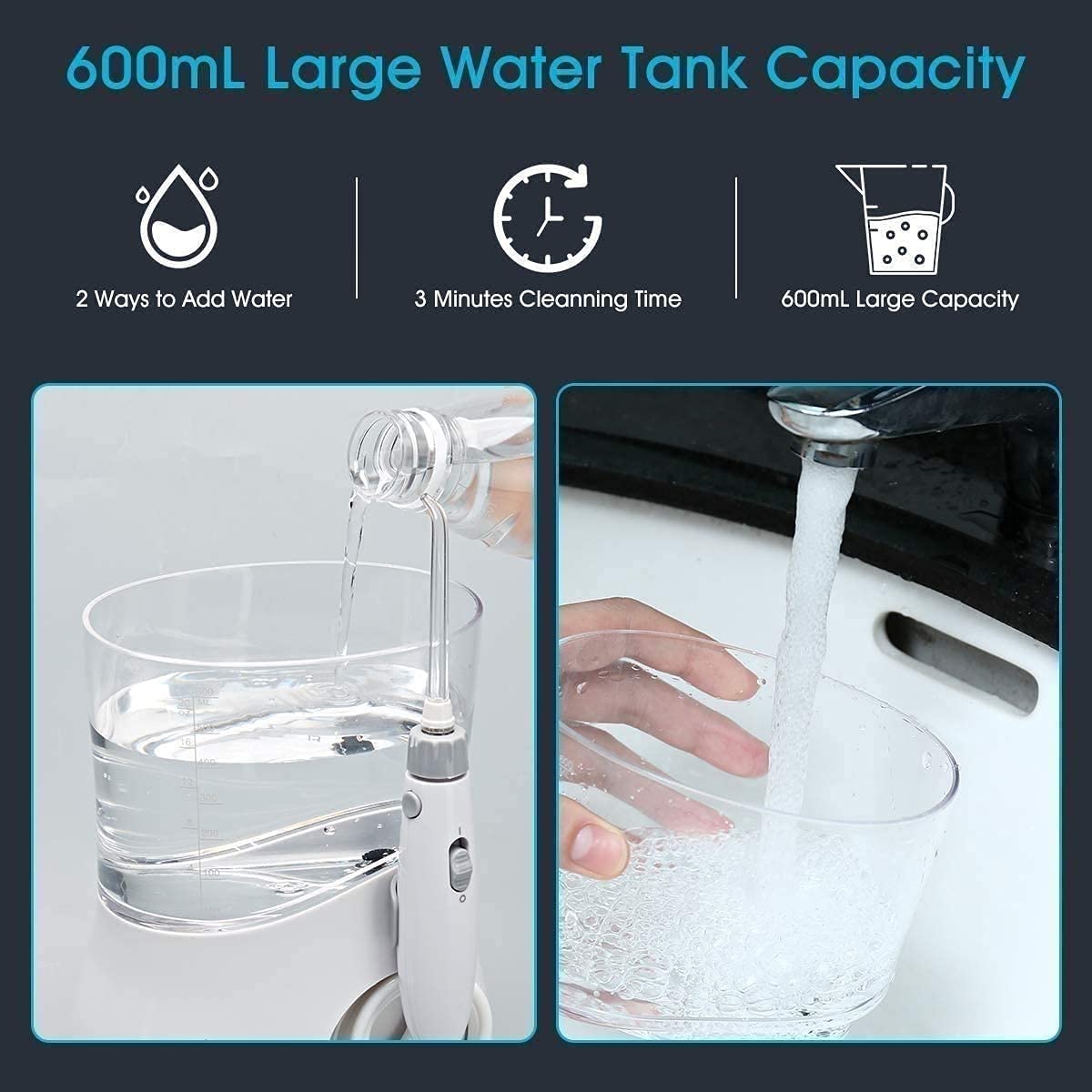 Riego Oral del encimera Dental eléctrico para los Dientes, el Tanque de Agua de 600 ml 10 Modos Ajustables 6 Puntas de Jet multifuncionales, para la Familia
