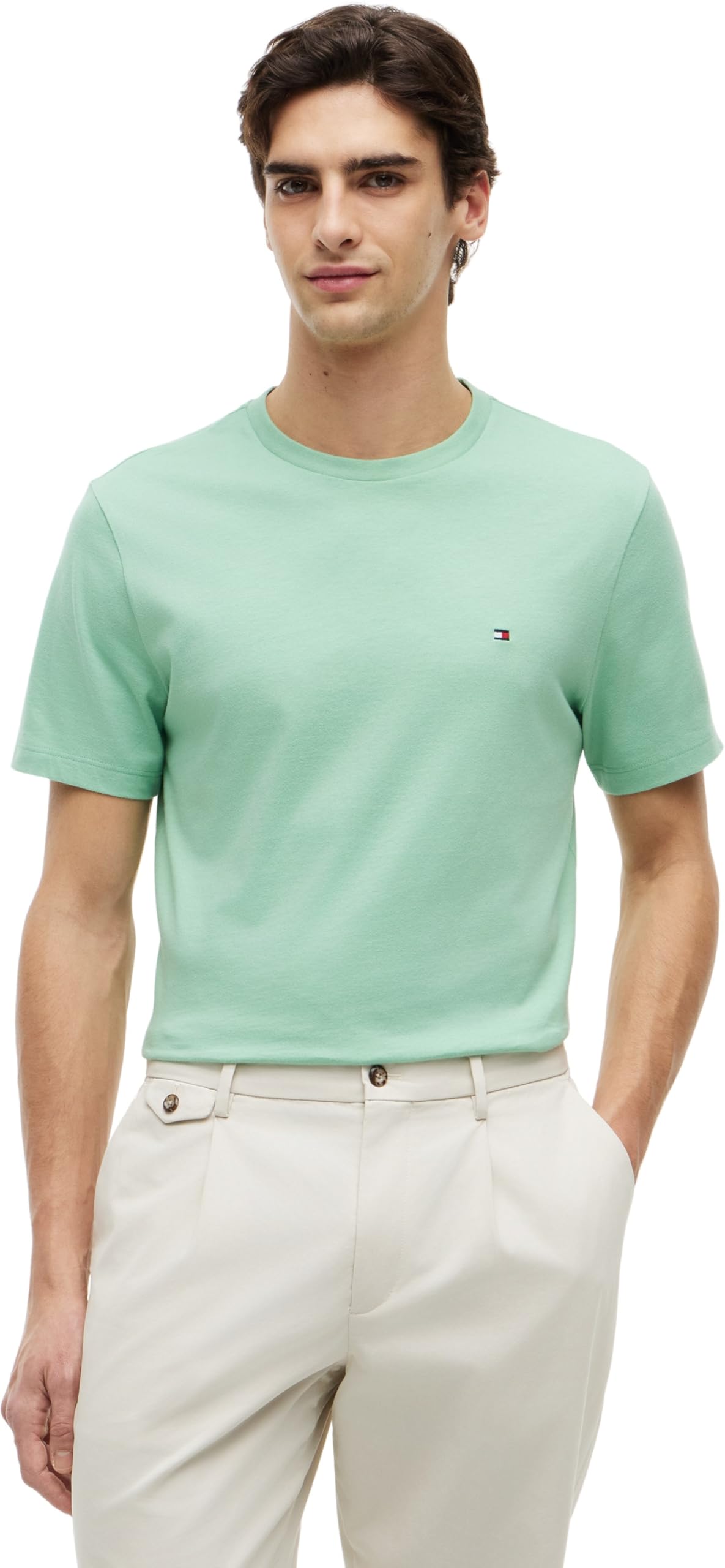 Tommy Hilfiger Men's Green Flag Embroidery Crew Neck T-Shirt - Cut Grass - Xl
