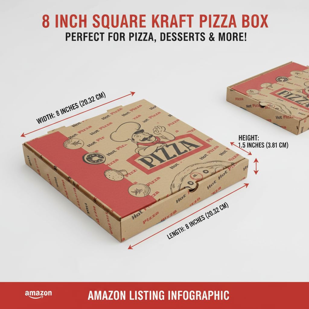 Khaana Packaging Pizza Box 8 Inch Pack of 100 | 3 Ply Corrugated Kraft Paper Boxes | Food Grade, Grease Resistant | Brown Takeaway & Food Delivery Packaging