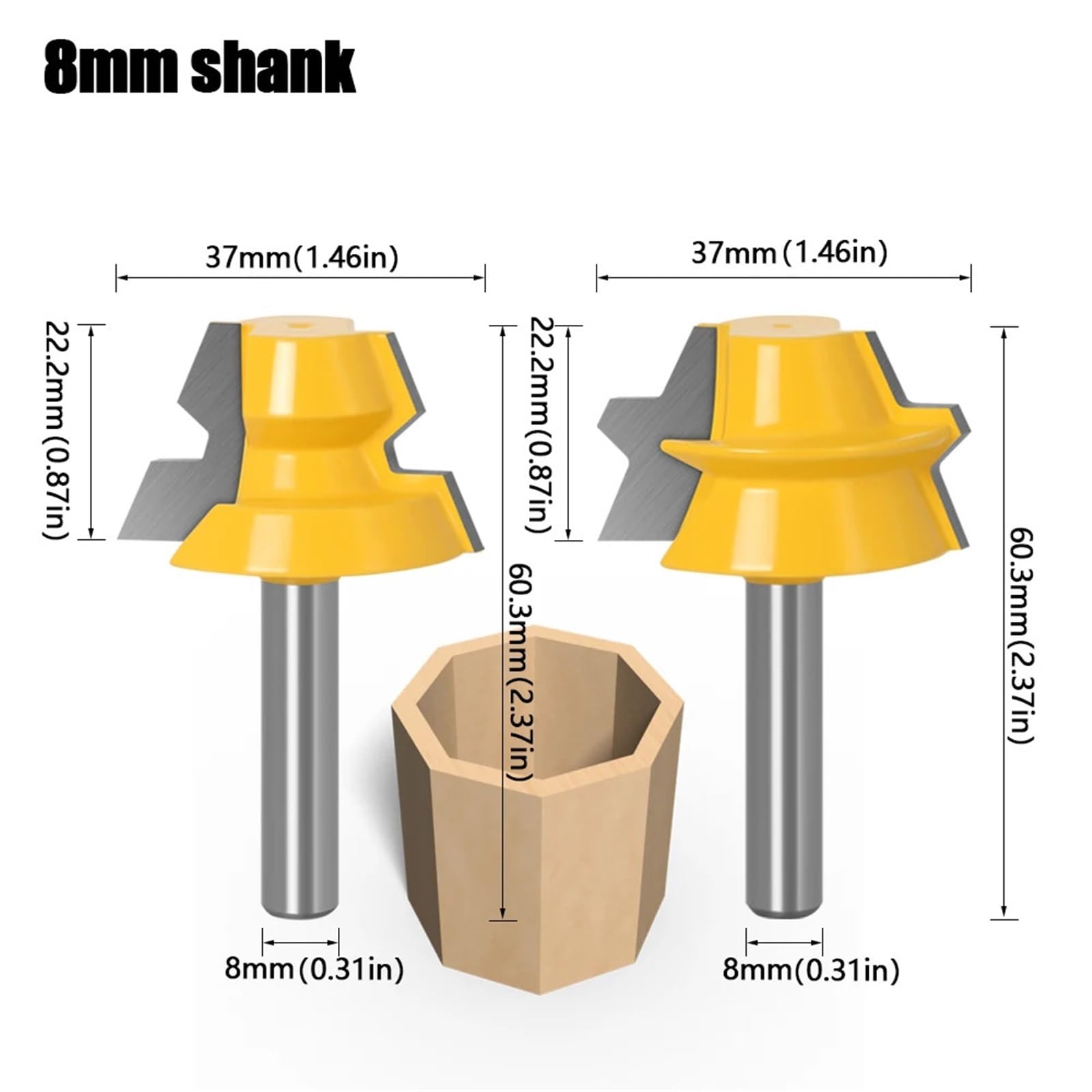 2 szt. Lock Miter Router 22,5 stopni, frez stolarski, 12 mm, trzpień 8 mm, do drewna, trzpień 8 mm (trzpień 8 mm)