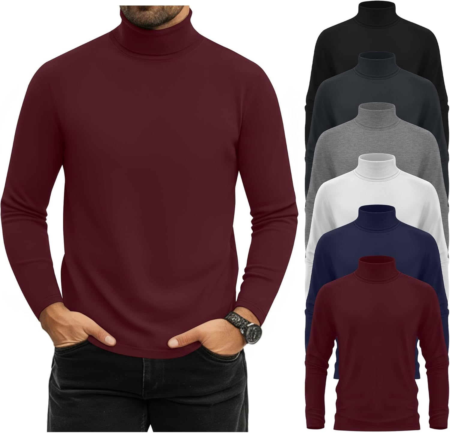 Evervibe 6 Pack Mens Big and Tall Turtleneck Shirts Long Sleeve Loose Fit Tops Basic Pullover Multipack Tees