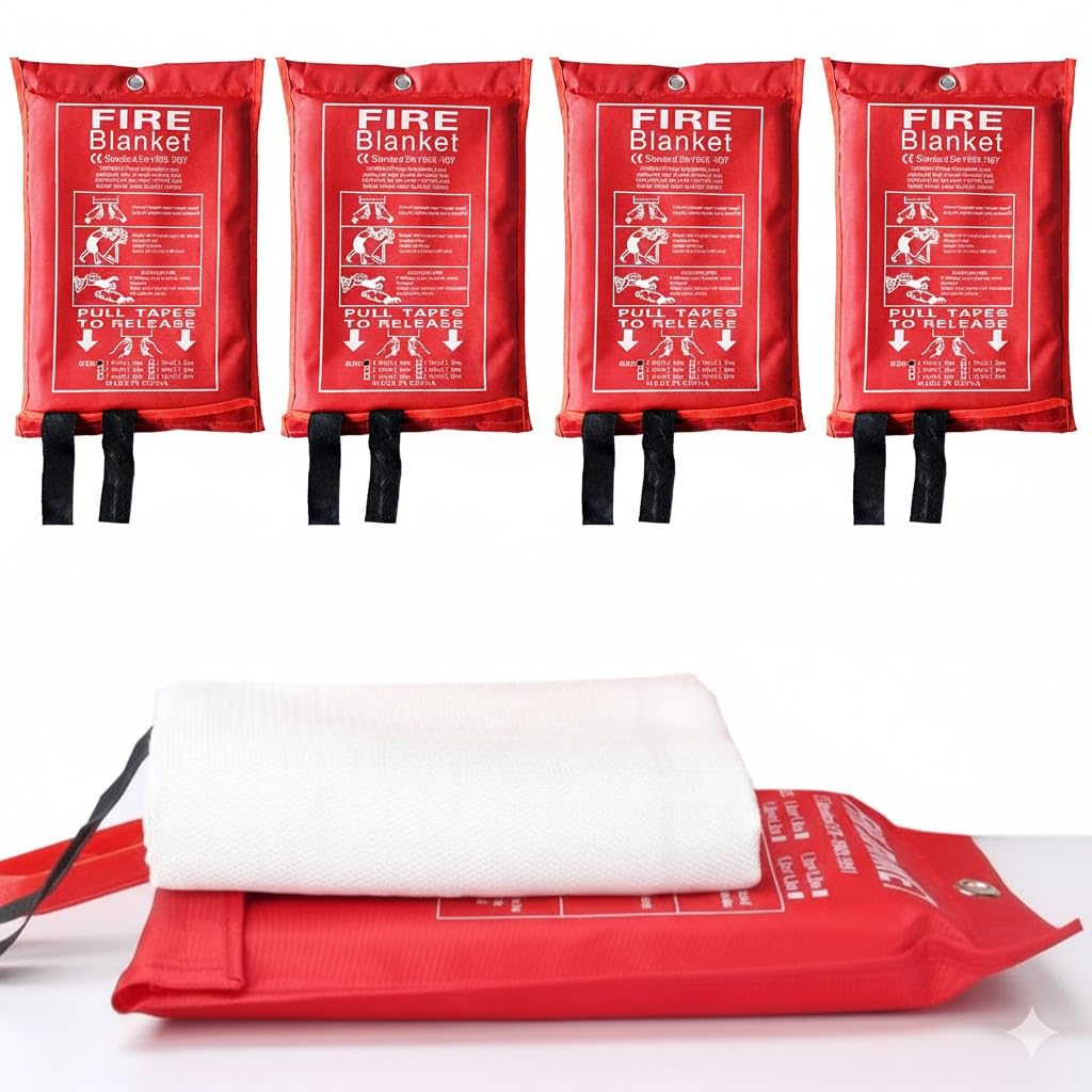 Atek Red 4 Pcs Fire Blankets With Soft Case & Loops, 1M X 1M Emergency Fire Blanket For Kitchen Home, Warehouse, Office, Car, Fireplace, Easy To Use, Quick Unfolding
