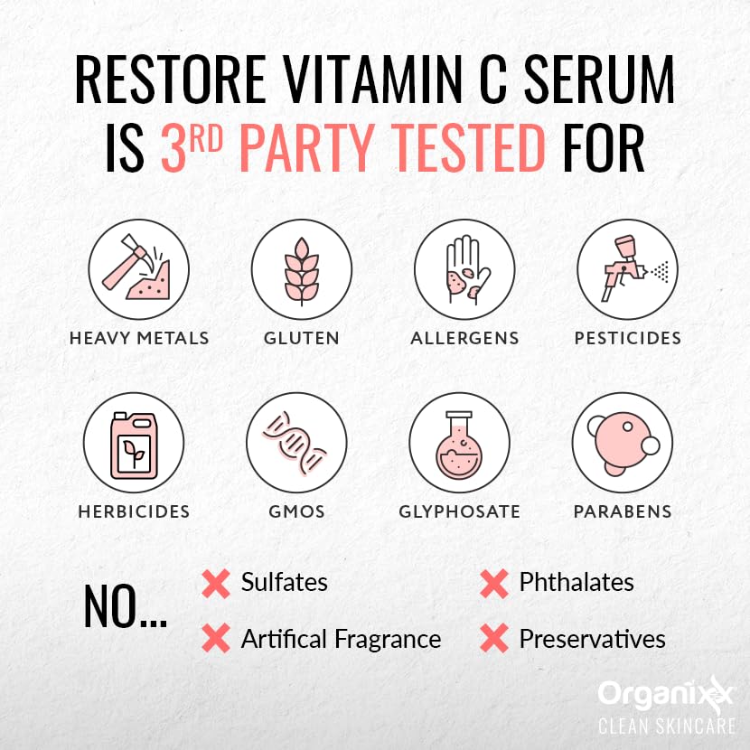 Miniatura 7 de Organixx Restore Vitamin C, suero facial diario con ácido hialurónico, vitamina E orgánica, hamamelis, glicerina y aloe vera, fórmula iluminadora,