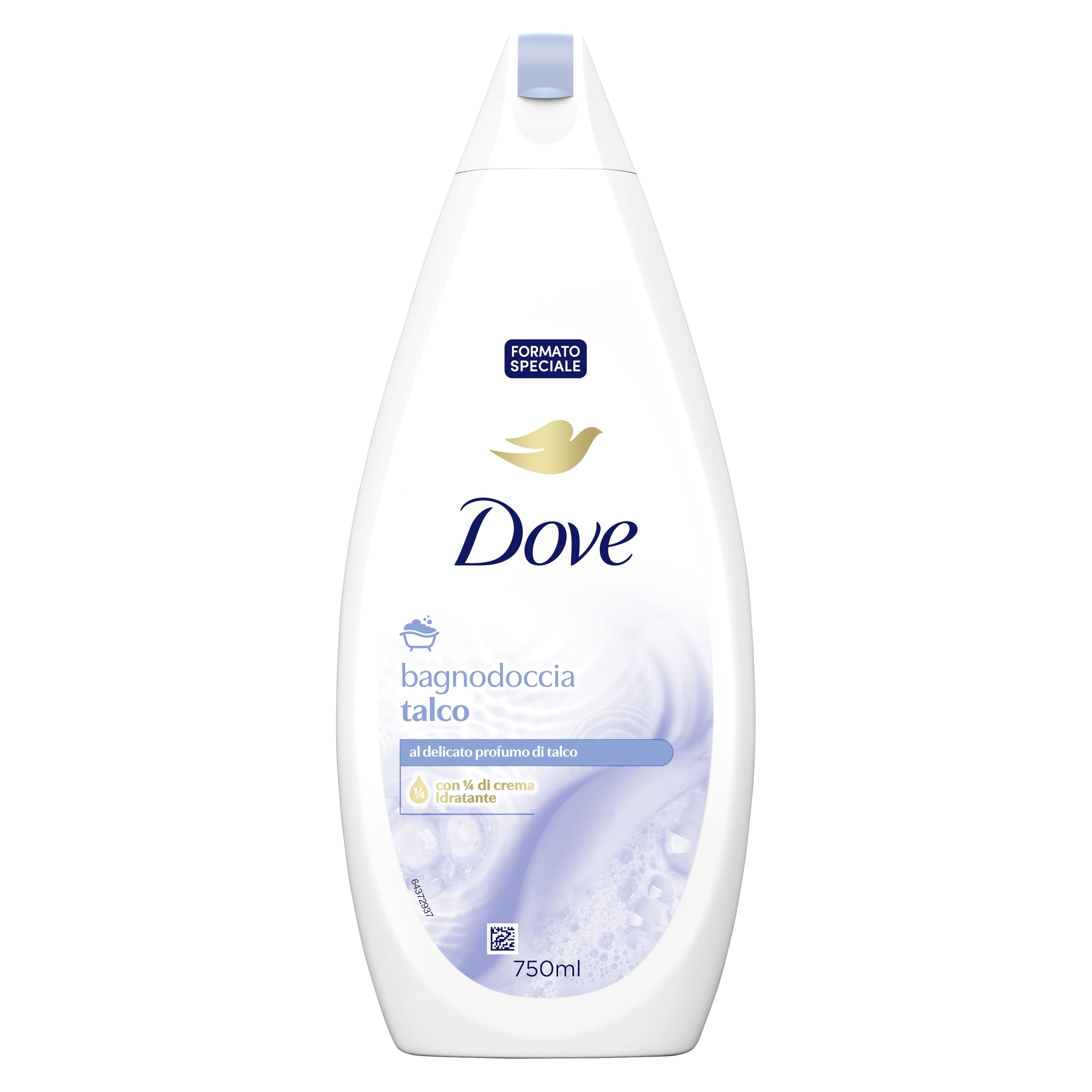 Dove Docciaschiuma Talco, Formula con Idratante Dermo-Naturale, con 1/4 di Crema Idratante, Dermatologicamente Testato, Bagnoschiuma Uomo e Donna, 100% Bottiglia Riciclata* 750 ml