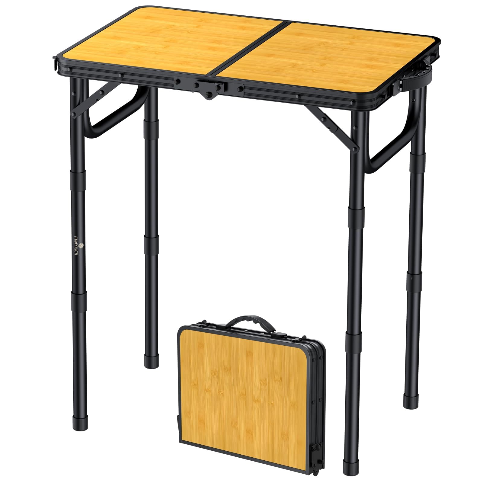 FUNYKICH Mesa de Camping Plegable 58 x 40 cm, Mesa Plegable Camping Portátil de Aluminio con 3 Alturas Ajustables (26/48/70 cm), Panel de MDF, para Picnic, Camping y Barbacoa, Ligero y Estable