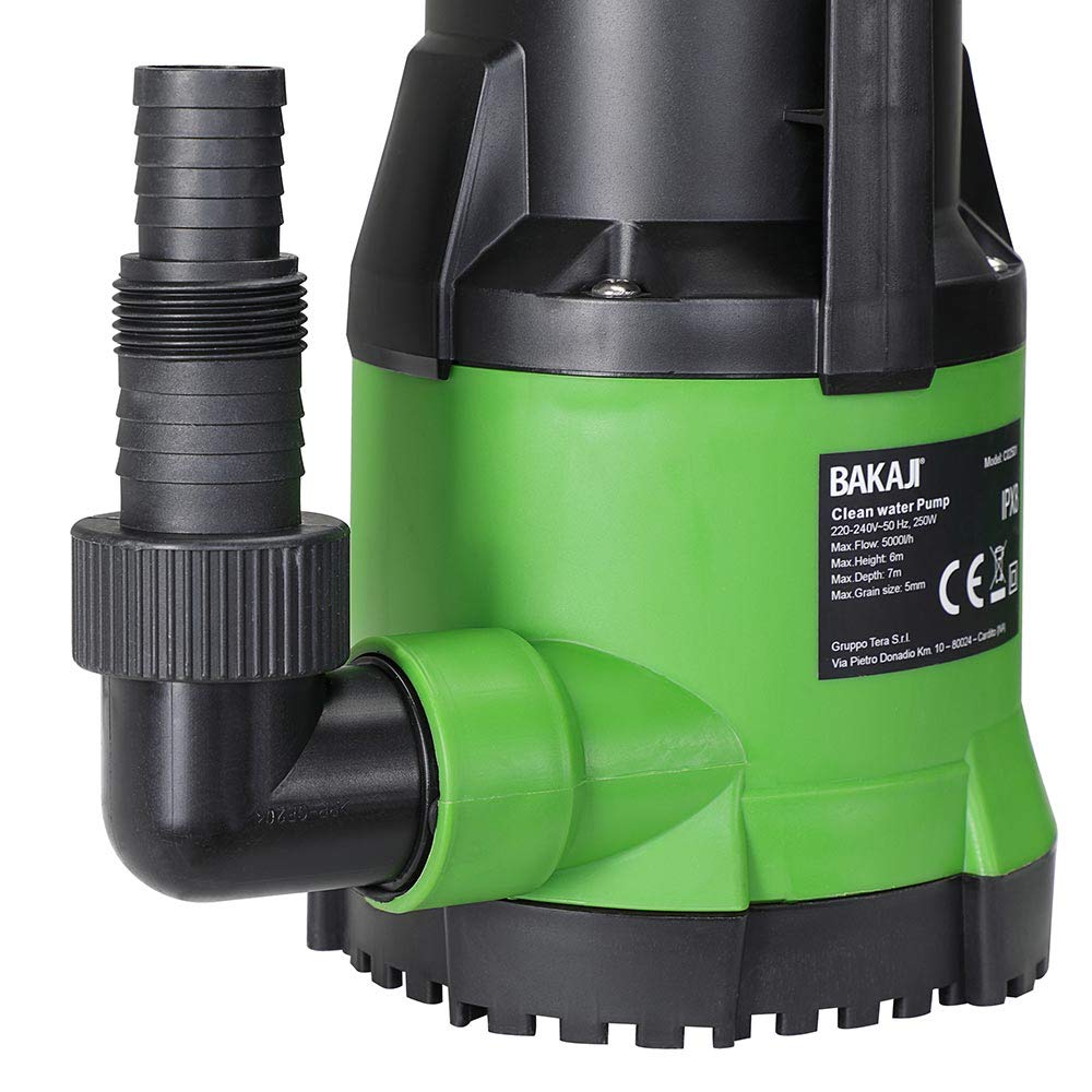 Bakaji Pompa Immersione Elettropompa Sommersa Acque Chiare Potenza 250W Portata 5000L/h Profondità Massima 7 Metri con Fondo Piatto Maniglia per il Trasporto e Cavo 10 metri