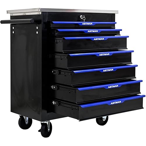 7-Drawer Heavy-Duty Rolling Steel Tool Cart with Handle&Wheels, Metal Storage Organizer Cabinet, Tool Chest for Efficient Tool Storage in Garage, Warehouse, Workshop, Repair Shop, Blue