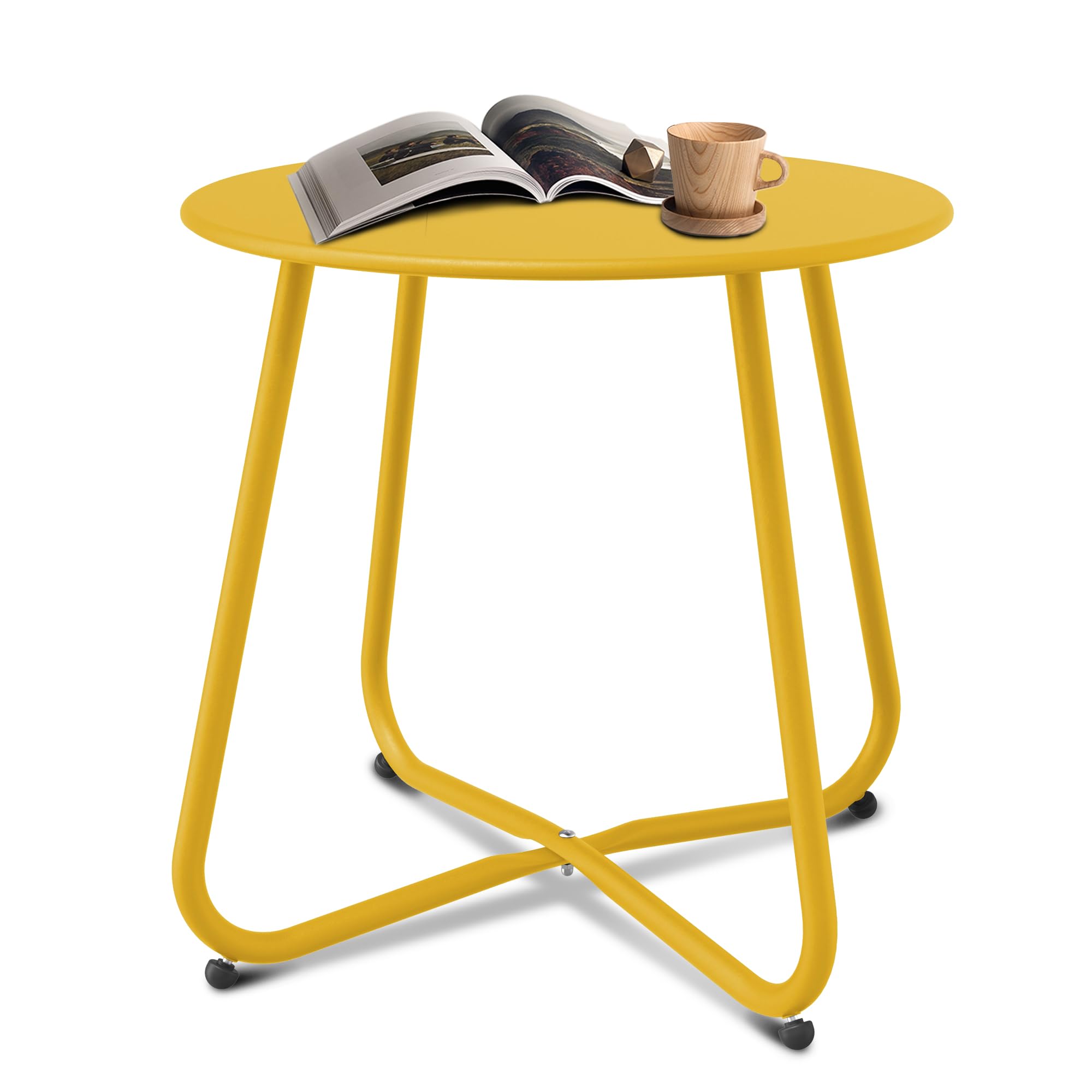 Patio Side Table Waterproof Round Metal Steel Weather Resistant Portable Outdoor and Indoor End Table for Garden Balcony Yard, Lemon Yellow-image-26