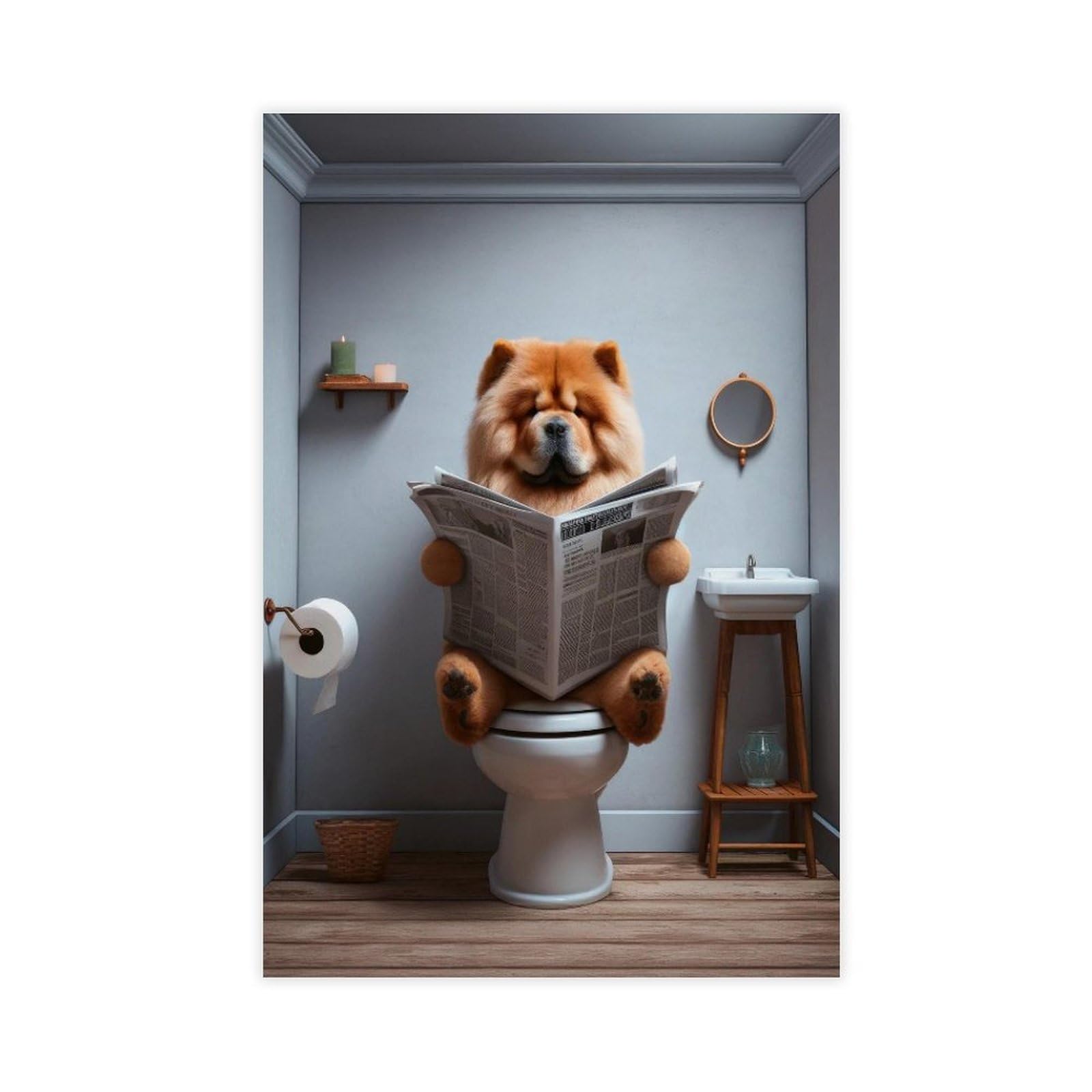 Bncedjk Photograph Of A Chow Chow Dog Reading The Newspaper On The Toilet Canvas Poster Bedroom Decor Landscape Decor Gift 16X24inch(40X60cm)