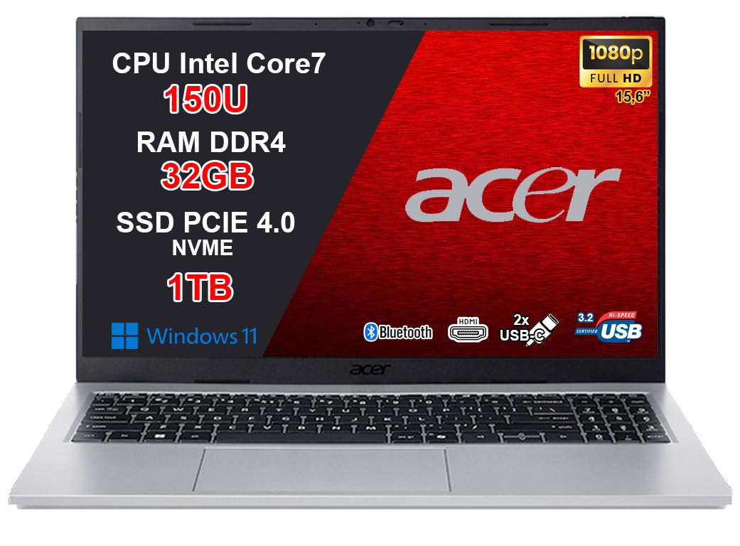 acer Aspire Go 15 PC Portatile Notebook, CPU Intel Core 7 150U di nuova generazione fino a 5,4 GHz, RAM 32GB, SSD 1TB, Wi-Fi 6, Display 15,6" Full HD Antiriflesso, USB Type-C, Windows 11, Silver
