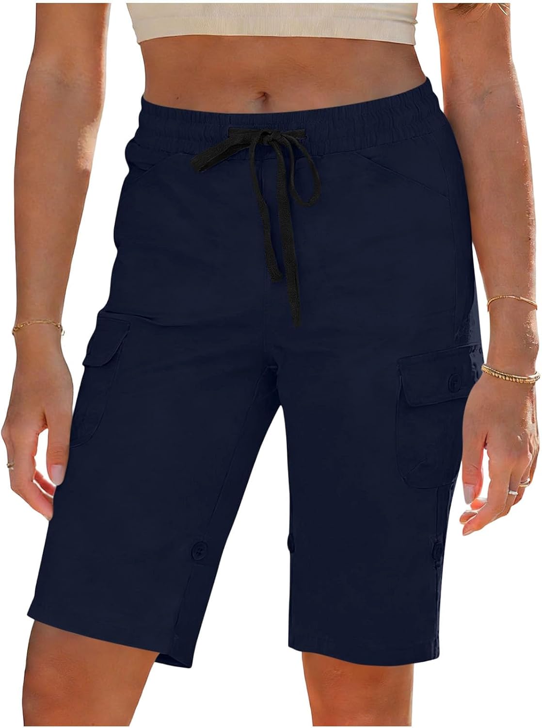 Women's Cargo Shorts Lightweight High Waisted Knee Length Bermuda Shorts Casual Loose Summer Short with Pockets