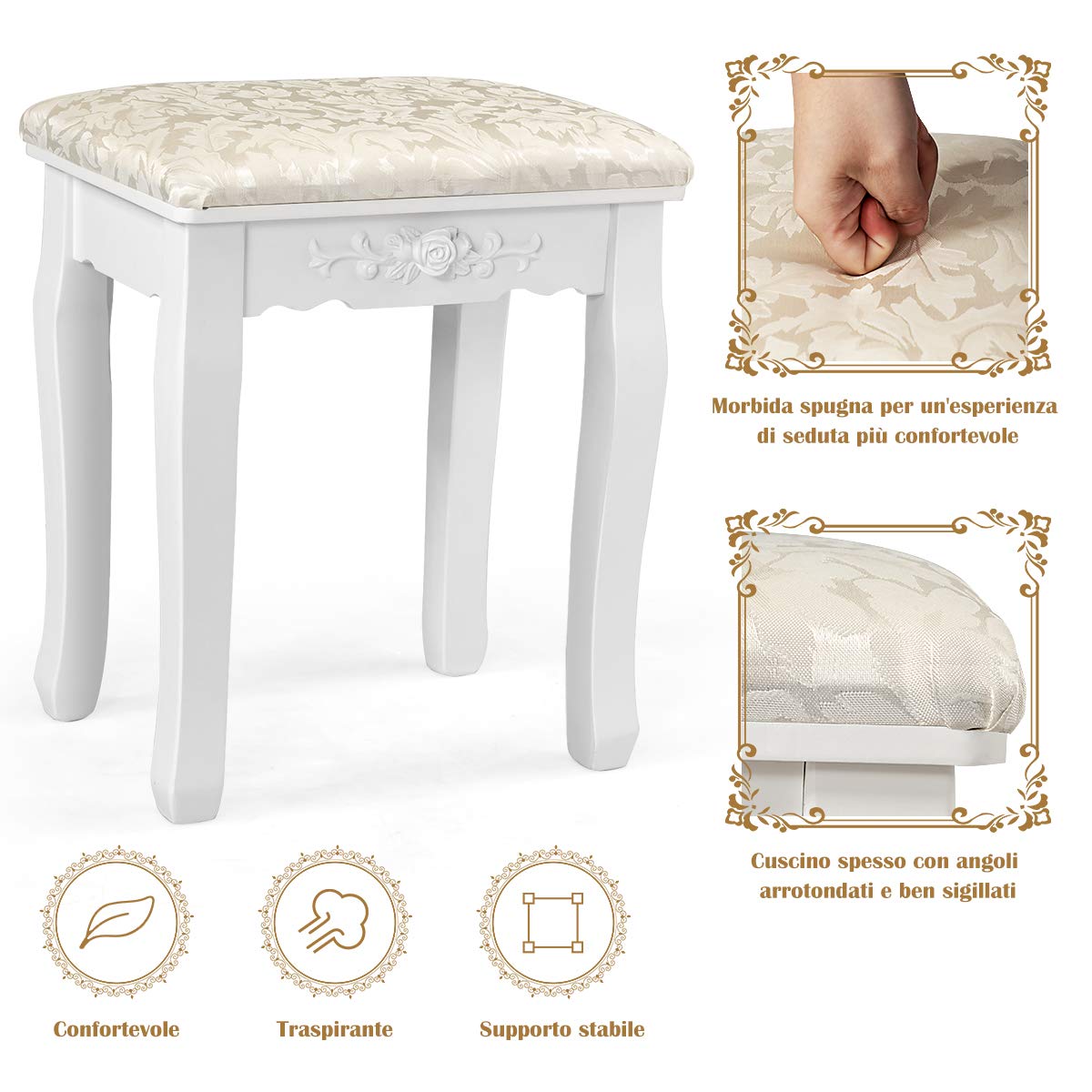 RELAX4LIFE Toeletta Trucco con Luci, Postazione Trucco con Sgabello e Specchio Girevole a 360°, Luminosità Regolabile, Tavolo da Trucco per Camera da Letto (Bianco, 75 x 40 x 146cm)