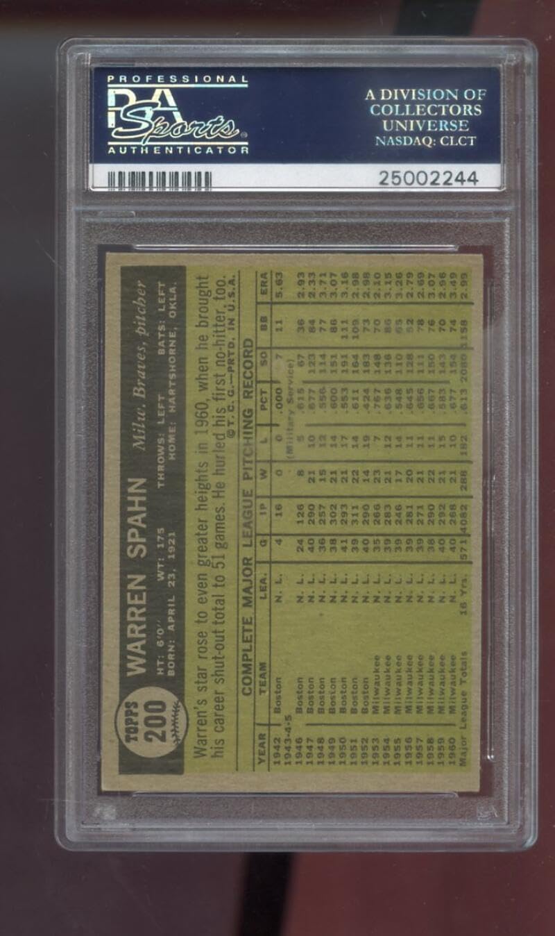 1961 Topps #200 Warren Spahn Milwaukee Braves MLB PSA 6 Graded Baseball Card