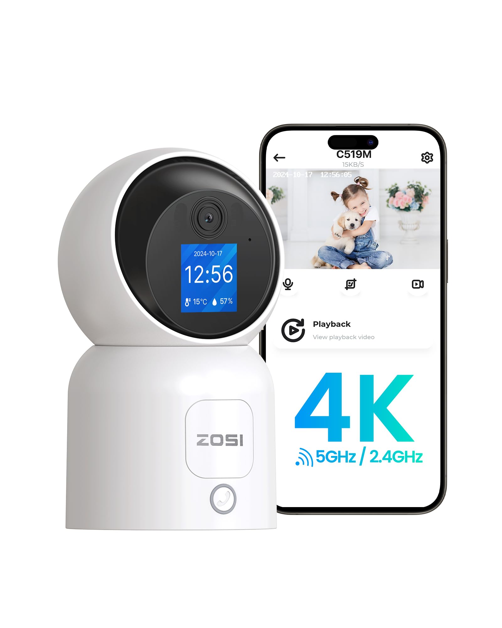 ZOSI 4K 8MP Cámara Vigilancia Seguridad WiFi Interior Enchufable para Bebé/Mascota con Pantalla de 1,44”, 2,4G/5G WiFi, Pan 360° Tilt 90° y Seguimiento de Persona, Videollamada con un Clic o Gesto Ok